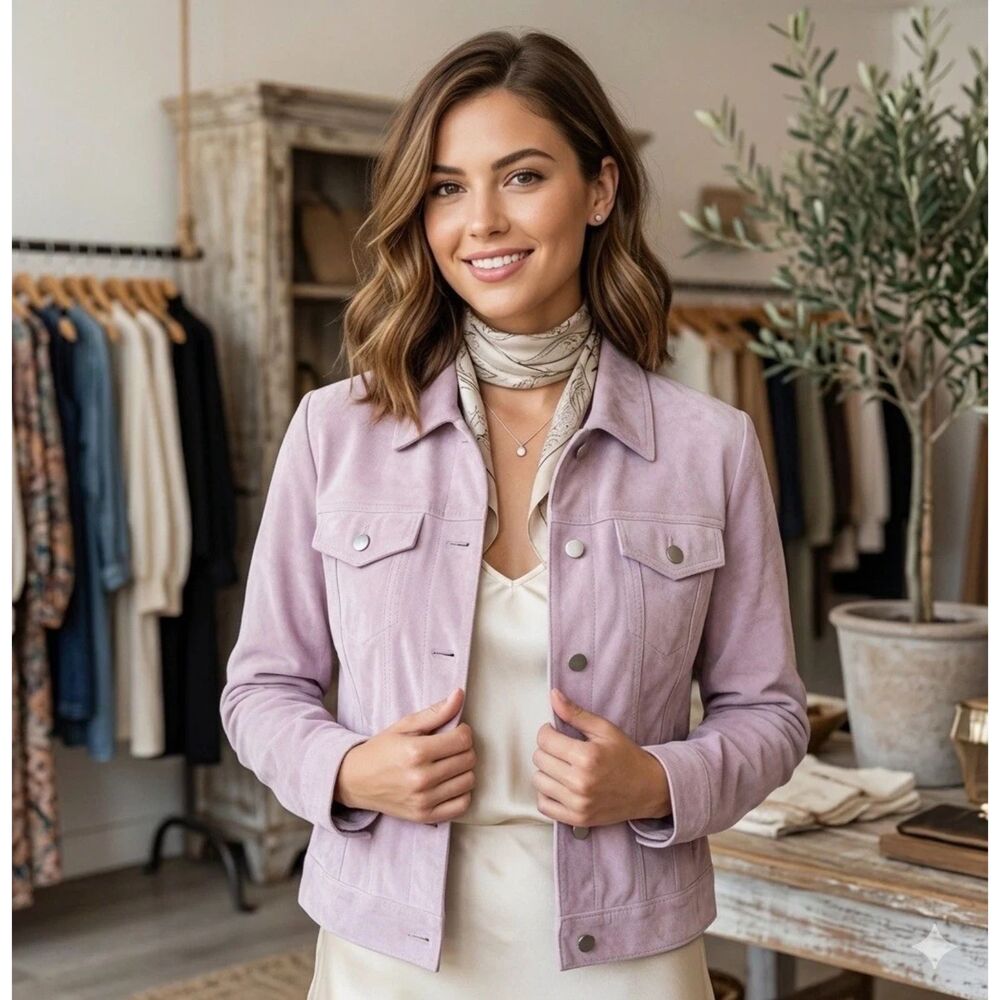 Clothes By Revue Suede Leather Jacket Womens Sz L Pink Button Front Lined
